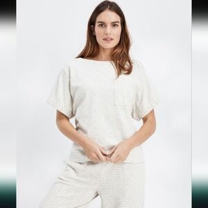 HAVEN WELLNESS Striped Tunic Top Pocket T Shirt‎ Women's Cream Blue Cotton Blend